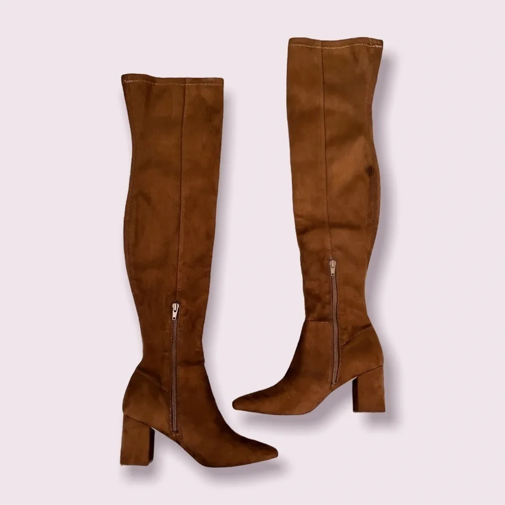 Steve Madden Shaya Boots Cognac Brown Over The Knee Suede Leather Heels Size 6.5
